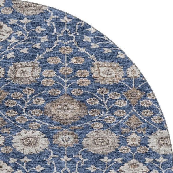 HomeRoots 8' Navy Blue Floral Round Rug - Washable, UV Protected, Durable for Living Rooms, Nurseries & Patios 687014