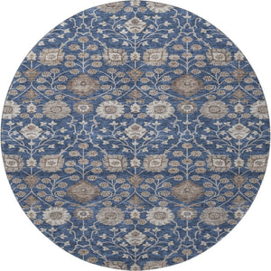HomeRoots 8' Navy Blue Floral Round Rug - Washable, UV Protected, Durable for Living Rooms, Nurseries & Patios 687014