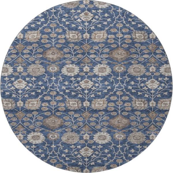 HomeRoots 8' Navy Blue Floral Round Rug - Washable, UV Protected, Durable for Living Rooms, Nurseries & Patios 687014