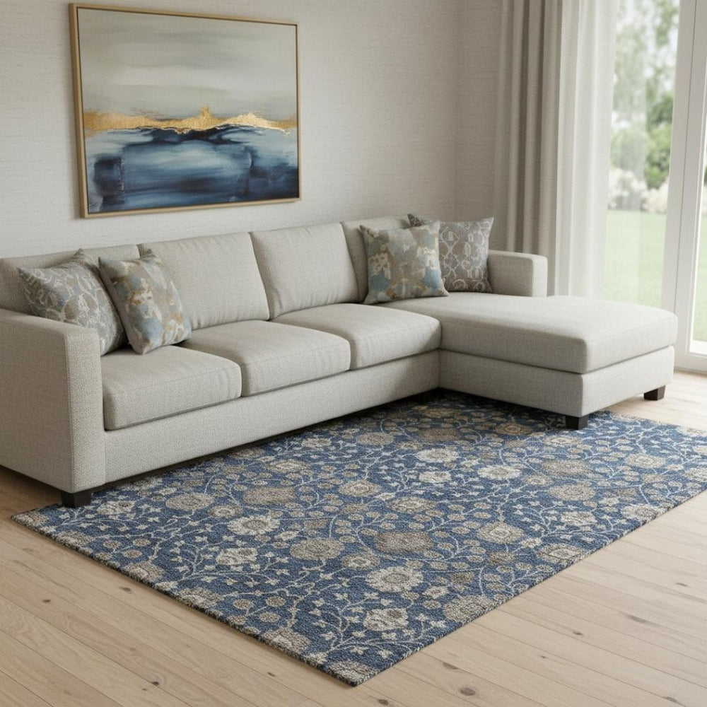 HomeRoots 8' X 10' Elegant Navy Blue Brown Beige Floral Area Rug - Washable, UV Protected, Stain Resistant! 687015