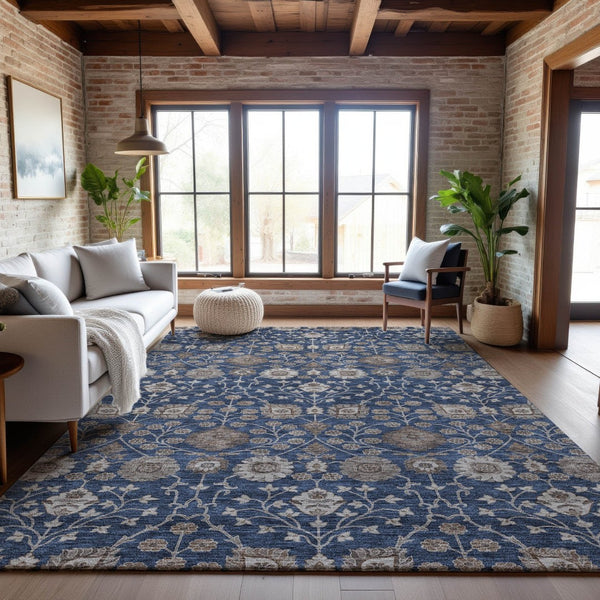 HomeRoots 8' X 10' Elegant Navy Blue Brown Beige Floral Area Rug - Washable, UV Protected, Stain Resistant! 687015