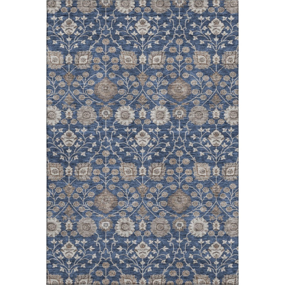 HomeRoots 8' X 10' Elegant Navy Blue Brown Beige Floral Area Rug - Washable, UV Protected, Stain Resistant! 687015