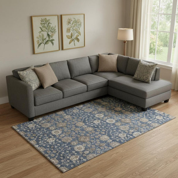HomeRoots 9' X 12' Navy Blue Floral Area Rug - Washable, UV Protected, Durable, Stylish for High-Traffic Areas 687016