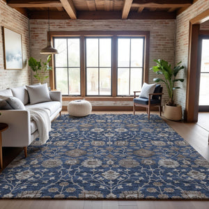 HomeRoots 9' X 12' Navy Blue Floral Area Rug - Washable, UV Protected, Durable, Stylish for High-Traffic Areas 687016