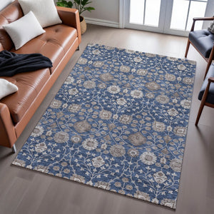 HomeRoots 9' X 12' Navy Blue Floral Area Rug - Washable, UV Protected, Durable, Stylish for High-Traffic Areas 687016