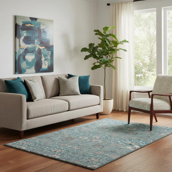 HomeRoots 5' X 8' Teal Gray & Silver Floral Area Rug - Washable, UV-Protected, Stylish & Durable Design for Home 687019