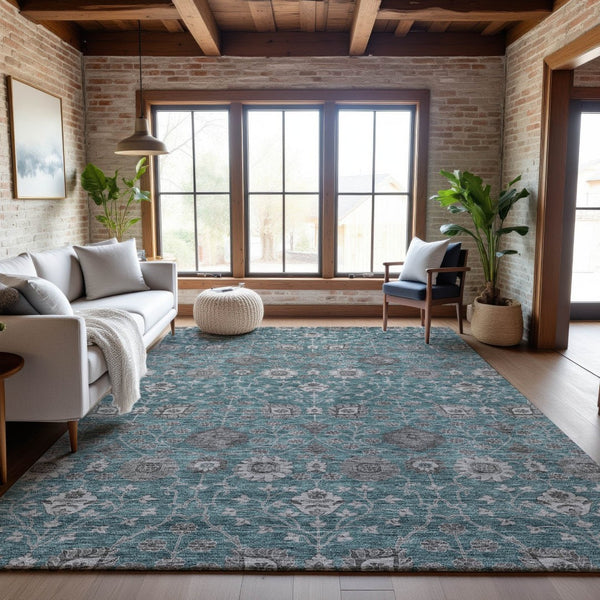 HomeRoots 5' X 8' Teal Gray & Silver Floral Area Rug - Washable, UV-Protected, Stylish & Durable Design for Home 687019