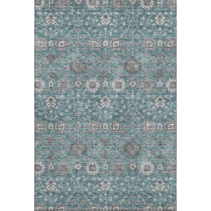 HomeRoots 5' X 8' Teal Gray & Silver Floral Area Rug - Washable, UV-Protected, Stylish & Durable Design for Home 687019