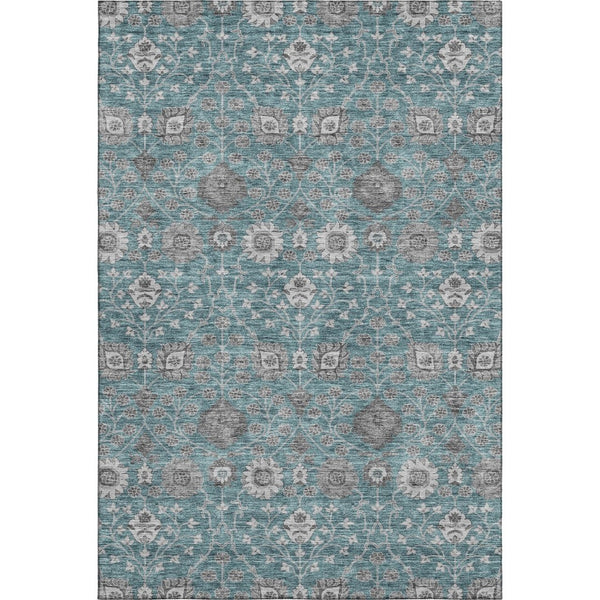 HomeRoots 5' X 8' Teal Gray & Silver Floral Area Rug - Washable, UV-Protected, Stylish & Durable Design for Home 687019