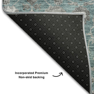 HomeRoots 5' X 8' Teal Gray & Silver Floral Area Rug - Washable, UV-Protected, Stylish & Durable Design for Home 687019