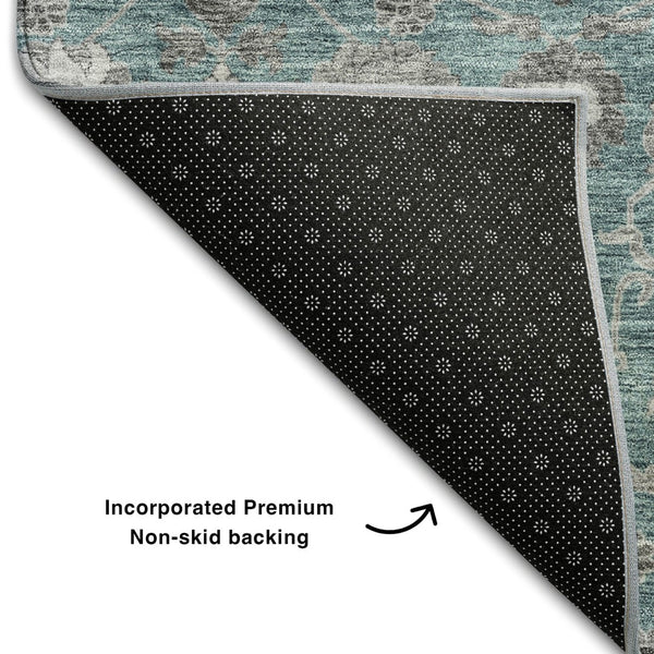 HomeRoots 5' X 8' Teal Gray & Silver Floral Area Rug - Washable, UV-Protected, Stylish & Durable Design for Home 687019