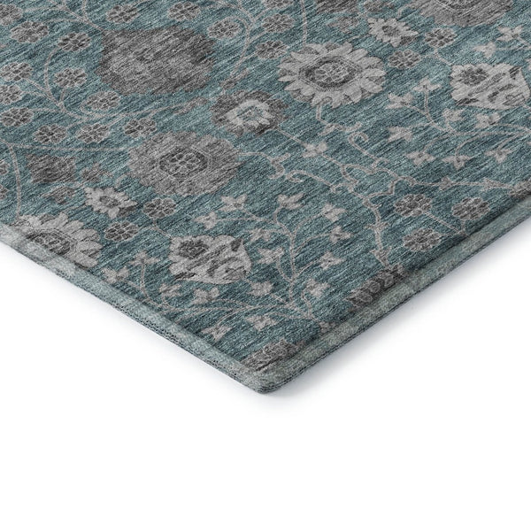 HomeRoots 5' X 8' Teal Gray & Silver Floral Area Rug - Washable, UV-Protected, Stylish & Durable Design for Home 687019