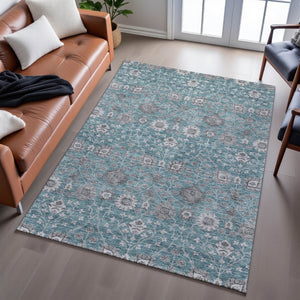 HomeRoots 5' X 8' Teal Gray & Silver Floral Area Rug - Washable, UV-Protected, Stylish & Durable Design for Home 687019