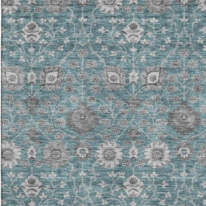 HomeRoots 5' X 8' Teal Gray & Silver Floral Area Rug - Washable, UV-Protected, Stylish & Durable Design for Home 687019