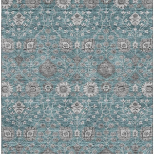 HomeRoots 5' X 8' Teal Gray & Silver Floral Area Rug - Washable, UV-Protected, Stylish & Durable Design for Home 687019