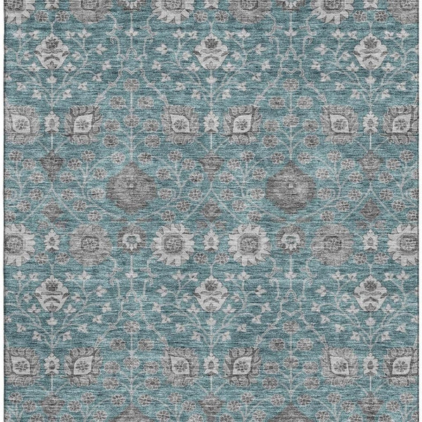 HomeRoots 5' X 8' Teal Gray & Silver Floral Area Rug - Washable, UV-Protected, Stylish & Durable Design for Home 687019