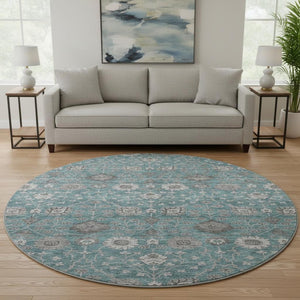 HomeRoots 8' Stylish Teal Gray Floral Round Rug - Washable, UV Protected, Ideal for High-Traffic Spaces! 687020