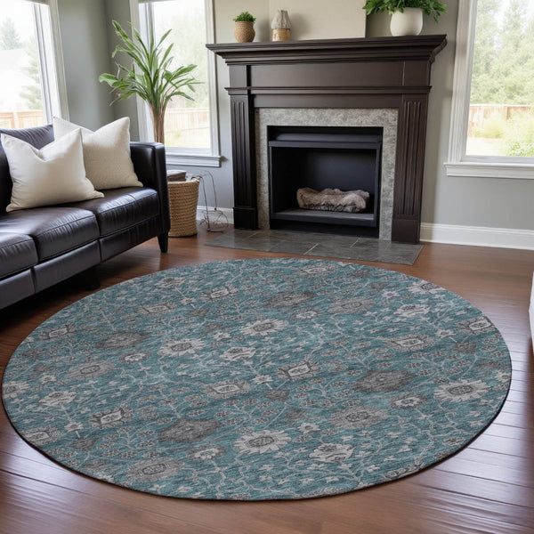 HomeRoots 8' Stylish Teal Gray Floral Round Rug - Washable, UV Protected, Ideal for High-Traffic Spaces! 687020