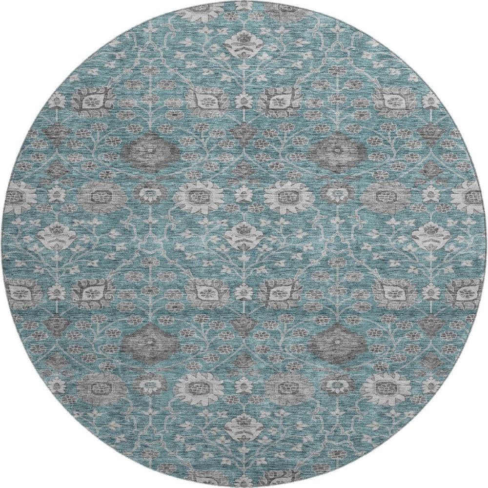 HomeRoots 8' Stylish Teal Gray Floral Round Rug - Washable, UV Protected, Ideal for High-Traffic Spaces! 687020