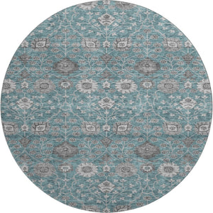 HomeRoots 8' Stylish Teal Gray Floral Round Rug - Washable, UV Protected, Ideal for High-Traffic Spaces! 687020