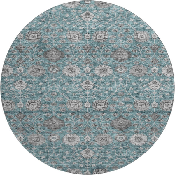 HomeRoots 8' Stylish Teal Gray Floral Round Rug - Washable, UV Protected, Ideal for High-Traffic Spaces! 687020