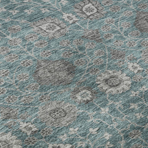 HomeRoots 8' Stylish Teal Gray Floral Round Rug - Washable, UV Protected, Ideal for High-Traffic Spaces! 687020