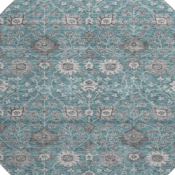 HomeRoots 8' Stylish Teal Gray Floral Round Rug - Washable, UV Protected, Ideal for High-Traffic Spaces! 687020