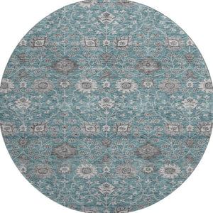 HomeRoots 8' Stylish Teal Gray Floral Round Rug - Washable, UV Protected, Ideal for High-Traffic Spaces! 687020
