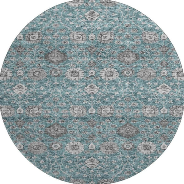 HomeRoots 8' Stylish Teal Gray Floral Round Rug - Washable, UV Protected, Ideal for High-Traffic Spaces! 687020