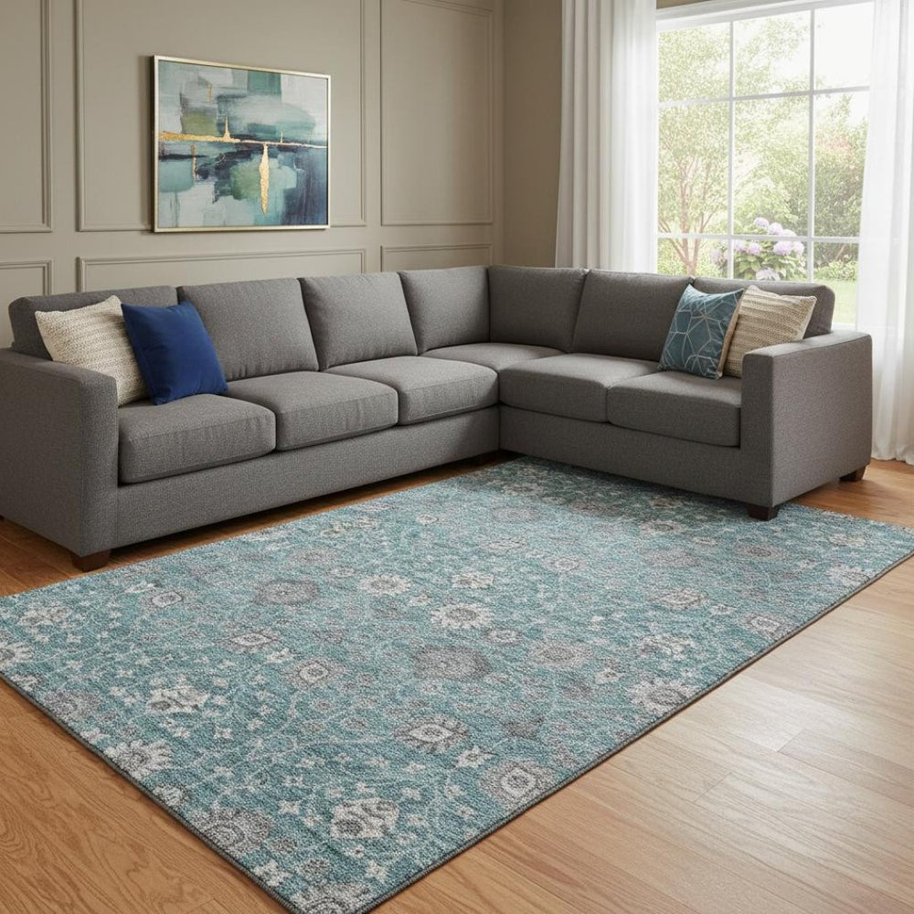 HomeRoots 8' X 10' Teal Gray Silver Floral Area Rug - Washable, Stain-Resistant, UV-Protected for Homes 687021