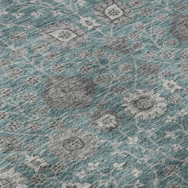 HomeRoots 8' X 10' Teal Gray Silver Floral Area Rug - Washable, Stain-Resistant, UV-Protected for Homes 687021