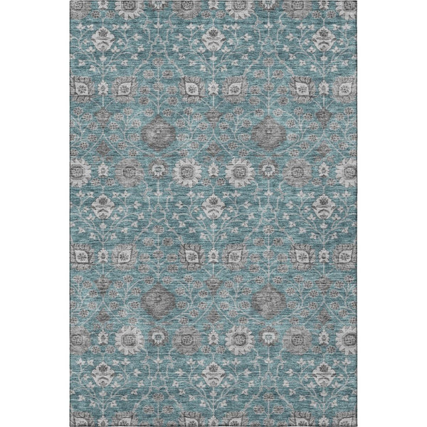 HomeRoots 8' X 10' Teal Gray Silver Floral Area Rug - Washable, Stain-Resistant, UV-Protected for Homes 687021