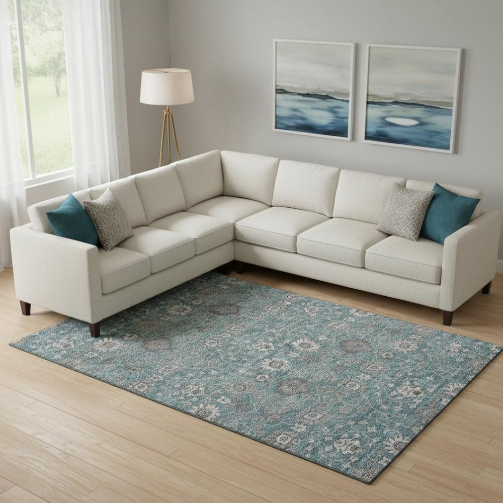 HomeRoots 9' X 12' Teal Gray Silver Floral Washable Area Rug with UV Protection for Kids & Pets' Safety 687022