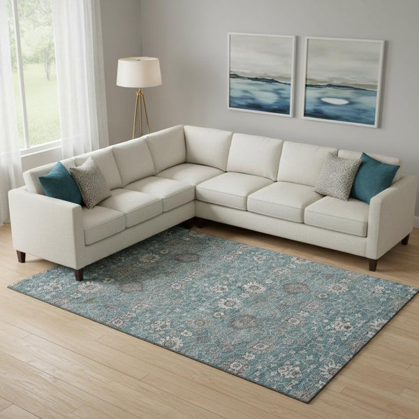 HomeRoots 9' X 12' Teal Gray Silver Floral Washable Area Rug with UV Protection for Kids & Pets' Safety 687022