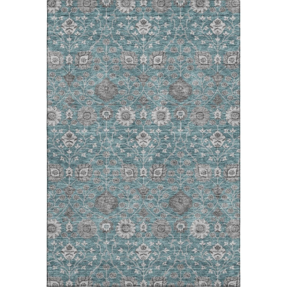 HomeRoots 9' X 12' Teal Gray Silver Floral Washable Area Rug with UV Protection for Kids & Pets' Safety 687022