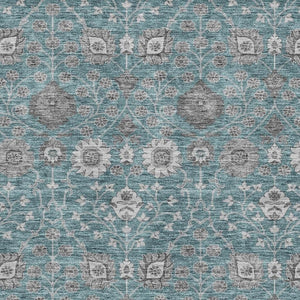 HomeRoots 9' X 12' Teal Gray Silver Floral Washable Area Rug with UV Protection for Kids & Pets' Safety 687022