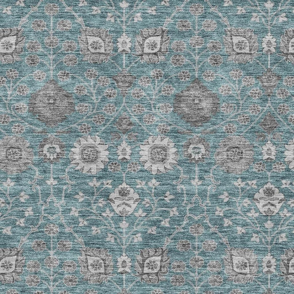 HomeRoots 9' X 12' Teal Gray Silver Floral Washable Area Rug with UV Protection for Kids & Pets' Safety 687022