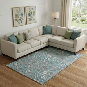 HomeRoots 10' X 14' Teal Gray Floral Area Rug - Washable, Stain-Resistant, UV Protected for Busy Homes 687023