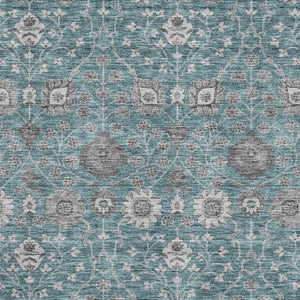 HomeRoots 10' X 14' Teal Gray Floral Area Rug - Washable, Stain-Resistant, UV Protected for Busy Homes 687023