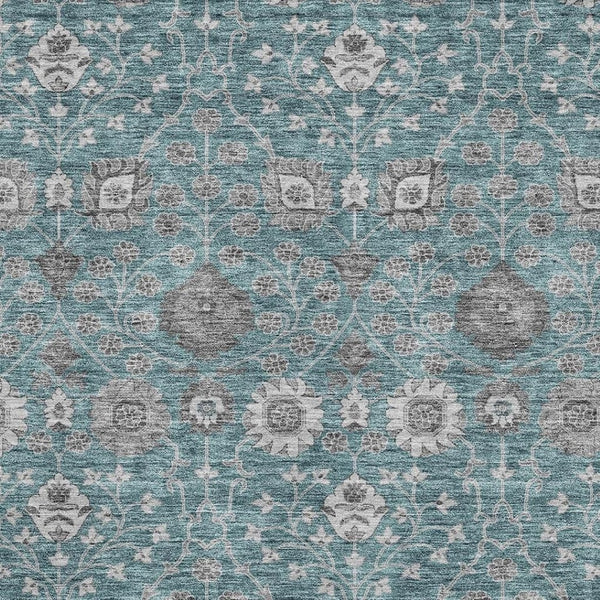 HomeRoots 10' X 14' Teal Gray Floral Area Rug - Washable, Stain-Resistant, UV Protected for Busy Homes 687023