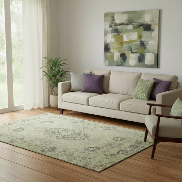 HomeRoots 5' X 8' Floral Washable Area Rug in Artichoke Green, Gold & Beige - Durable, Stain-Resistant Design 687025
