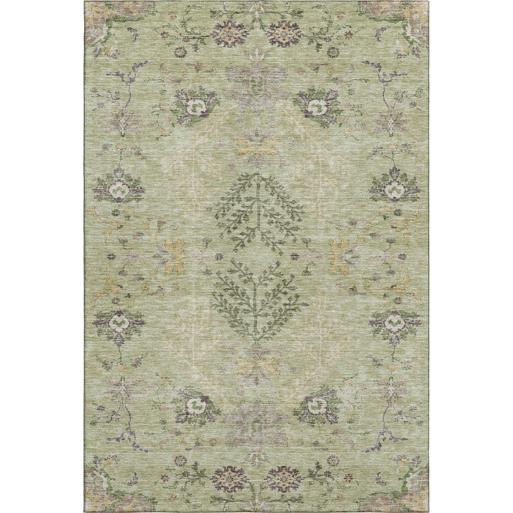 HomeRoots 5' X 8' Floral Washable Area Rug in Artichoke Green, Gold & Beige - Durable, Stain-Resistant Design 687025