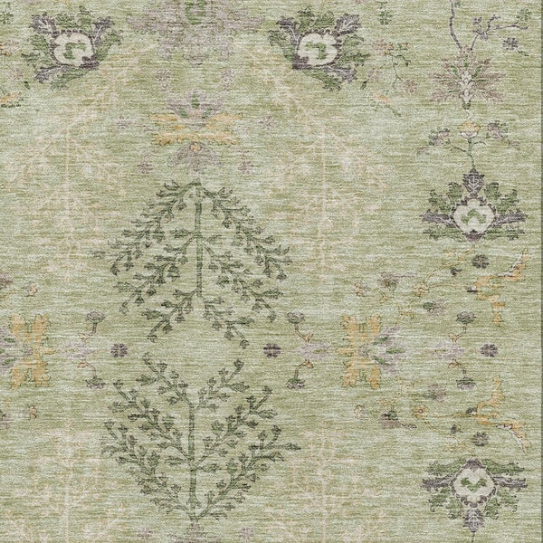 HomeRoots 5' X 8' Floral Washable Area Rug in Artichoke Green, Gold & Beige - Durable, Stain-Resistant Design 687025