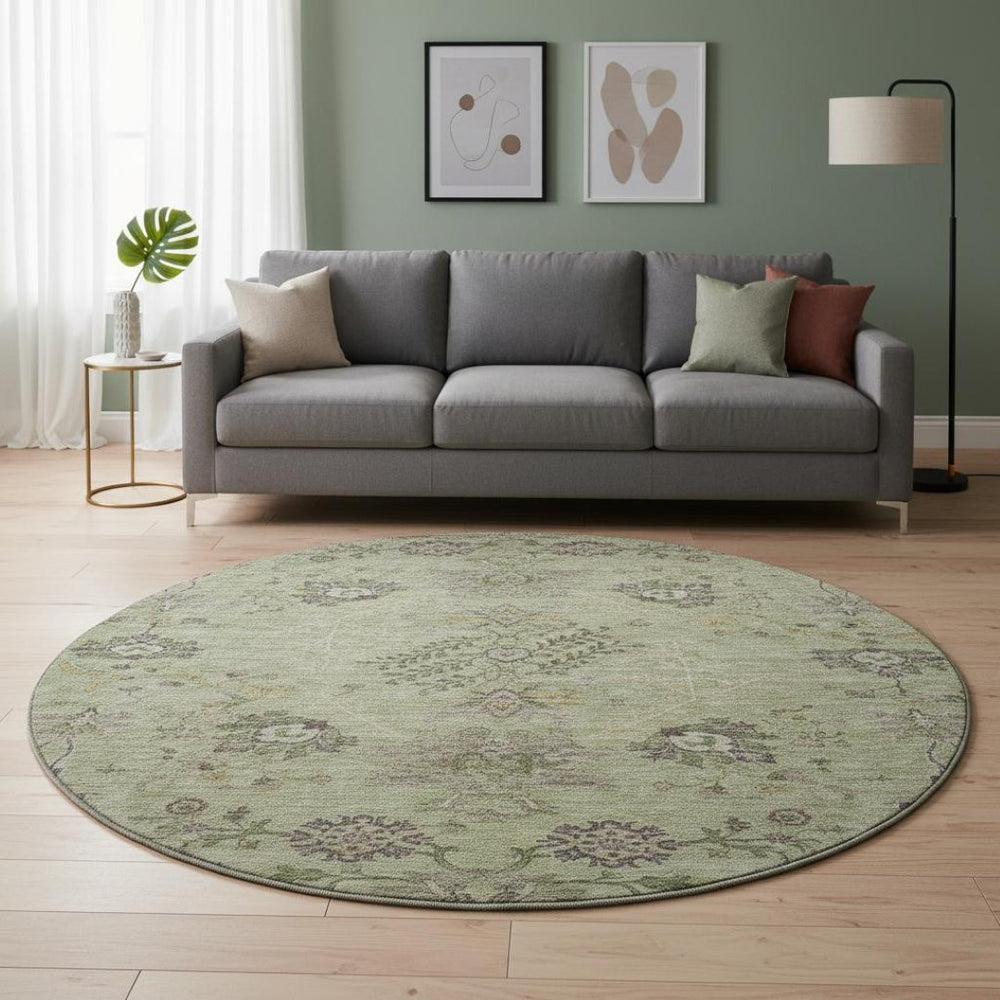 HomeRoots 8' Washable Round Rug in Artichoke Green, Gold & Beige - UV Protected Floral Elegance for Homes 687026
