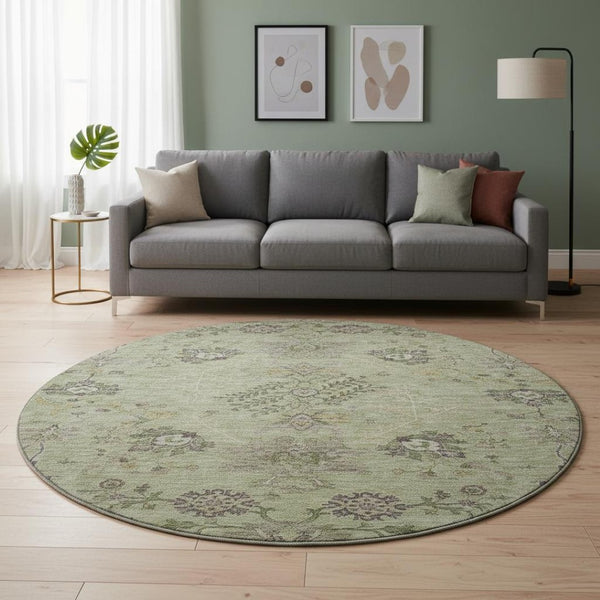 HomeRoots 8' Washable Round Rug in Artichoke Green, Gold & Beige - UV Protected Floral Elegance for Homes 687026