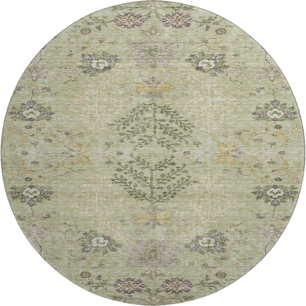 HomeRoots 8' Washable Round Rug in Artichoke Green, Gold & Beige - UV Protected Floral Elegance for Homes 687026