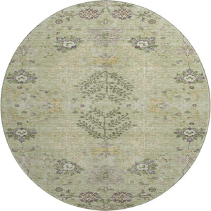 HomeRoots 8' Washable Round Rug in Artichoke Green, Gold & Beige - UV Protected Floral Elegance for Homes 687026