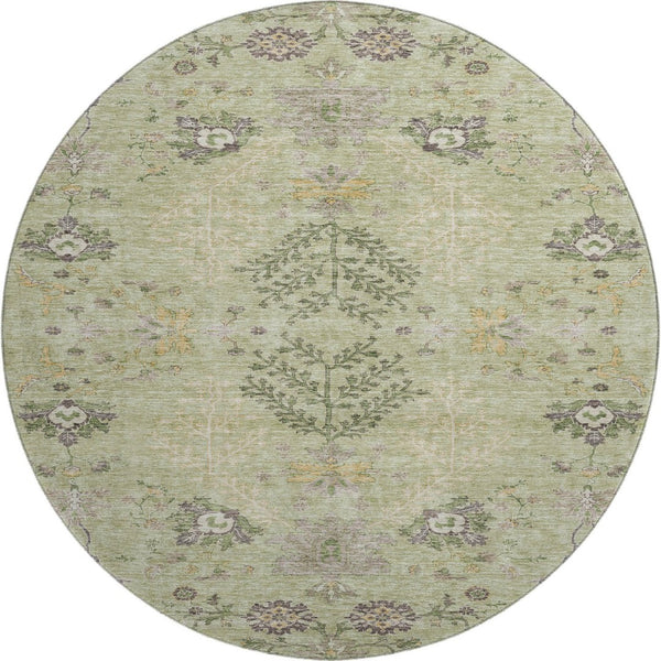 HomeRoots 8' Washable Round Rug in Artichoke Green, Gold & Beige - UV Protected Floral Elegance for Homes 687026