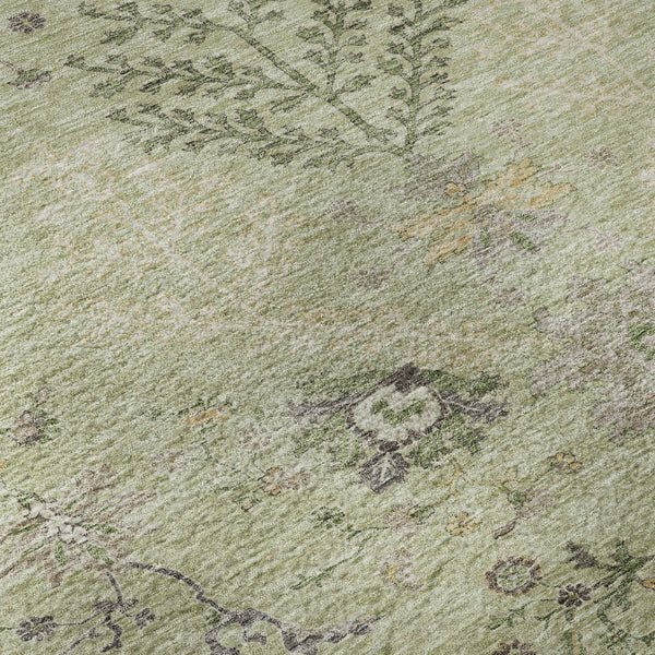 HomeRoots 8' Washable Round Rug in Artichoke Green, Gold & Beige - UV Protected Floral Elegance for Homes 687026