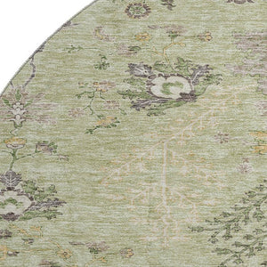 HomeRoots 8' Washable Round Rug in Artichoke Green, Gold & Beige - UV Protected Floral Elegance for Homes 687026